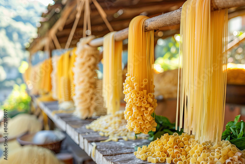 Homemade pasta drying on wooden racks