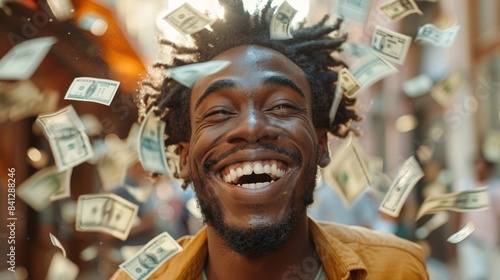 A close-up of a man smiling joyfully with money floating in the air. His face radiates happiness and excitement, with bills and coins suspended around him. The background is subtly blurred, drawing