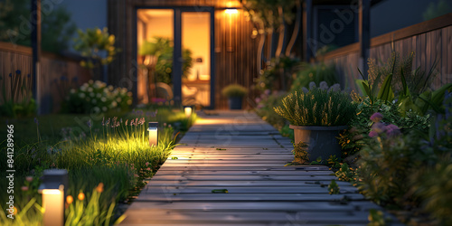 Picturesque Alley with Abundant Plants and Pots Lining the Sidewalk in Front of a Charming Wooden House