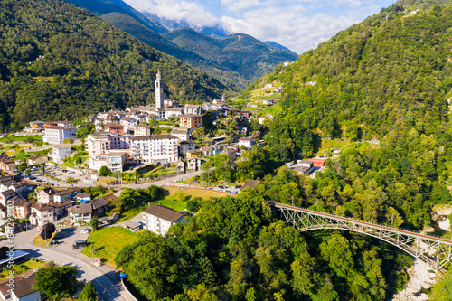 Picturesque aerial view of small Swiss village Intragna surrounded by mountains