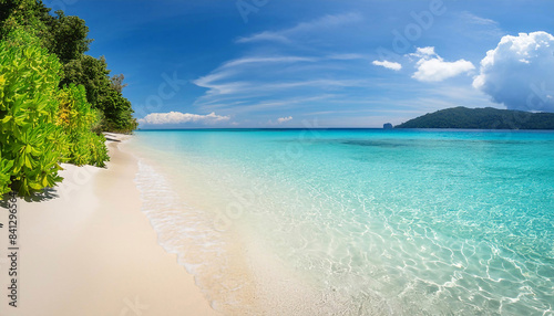 Tropical beach scene with crystal clear water, white sand, and a bright blue sky, Blue sky and white sand beach. Beautiful sea.
