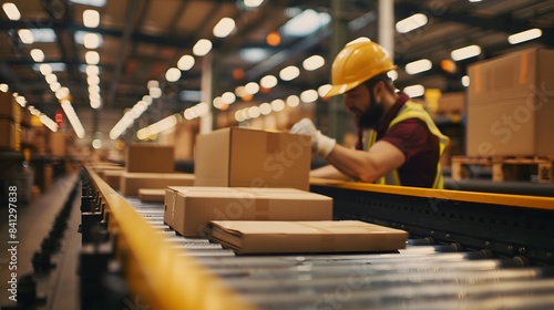 man cheking cardboard man working at automated Warehouse Conveyor with Boxes in Industrial Motion blur