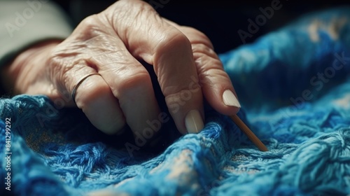 A close-up shot of a person holding a knitting needle, perfect for depicting crafting or hobby activities