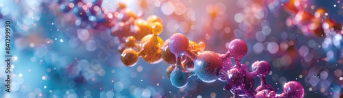 A close-up view of colorful molecular structures interwoven with strands of DNA, symbolizing the intricate relationship between molecules and genetic material in advanced cosmetic formulations