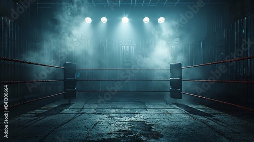 Boxing ring with dramatic lighting and smoke