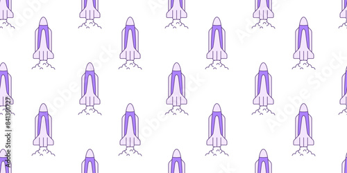 Seamless pattern with violet space rocket. Childish hand drawn repeat background. Simple allover pattern for fabric, kids