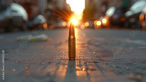 A bullet casing lies on a city street, with the golden glow of the sunset in the background