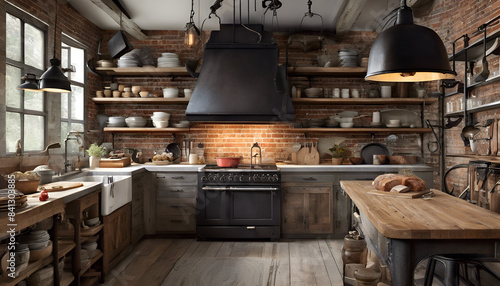 rustic kitchen including salvaged wood, an exposed brick wall, and