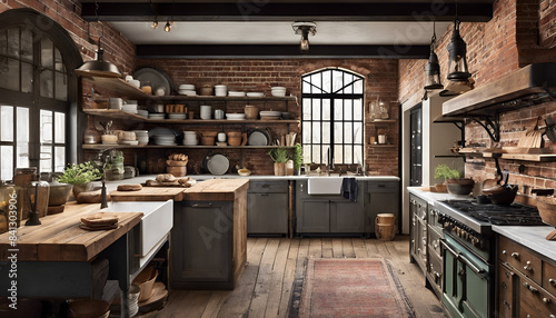 salvaged wood, an exposed brick wall, and a rustic kitchen