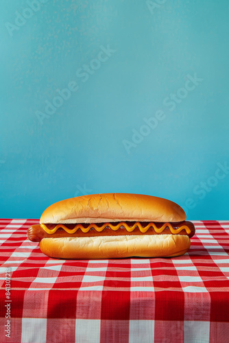 a hot dog on plaid tablecloth against solid background, for national hotdog day poster background, colorful and delicious