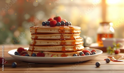 Thick and fluffy pancakes with syrup and berries for breakfast.