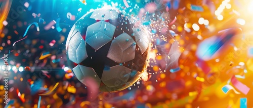 A dynamic representation of a soccer ball finding the back of the net amidst a flurry of bright highlights and cascading confetti
