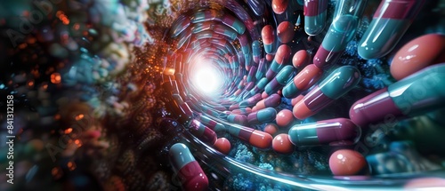 A hypnotic spiral of medication drawing towards a central point, illustrating the drive for breakthroughs in pharmaceutical science