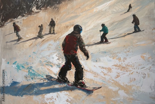 An active snowboarder glides down a snowy mountain with skiers in the background