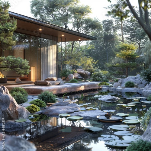 Un modelo chino se relaja en un jardÃ­n de estilo zen, rodeado de bonsÃ¡is y estanques de agua serena.
