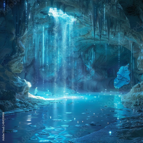 Un modelo chino explora una cueva iluminada por estalactitas brillantes y aguas cristalinas.