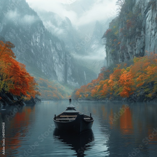Un modelo chino navega en un bote de remos en un lago tranquilo rodeado de montaÃ±as.