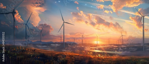 Capturing the beauty and efficiency of wind energy through a picturesque scene of spinning turbines at dusk