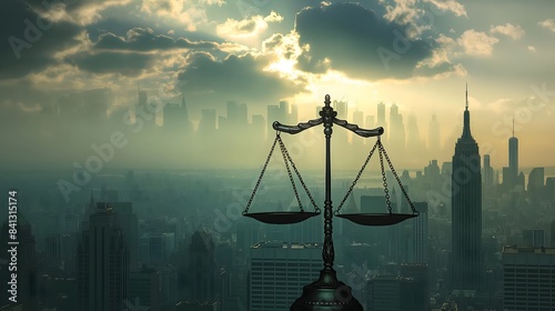 4. Design an image of the scales of justice balanced against a backdrop of a city skyline, embodying the fairness and integrity upheld by legal services in society.