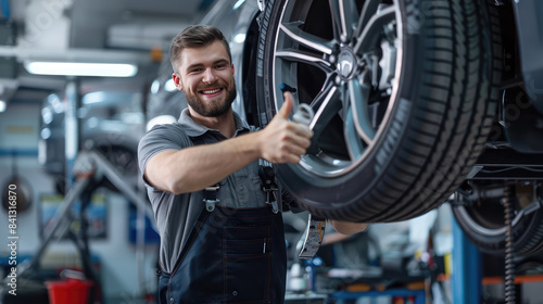 Smiling mechanic showing thumbs up near car wheel in auto repair shop