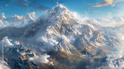 Capture the grandeur of towering, snow-capped peaks in a photorealistic digital artwork Emphasize depth and scale with intricate details, shadows, and textures