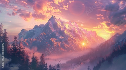 Design a mesmerizing 3D CG rendering of a majestic mountain range against a stunning sunset backdrop Infuse the scene with intricate details like swaying trees and distant wildlife