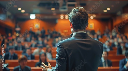Back view of a male businessman giving a lecture, the audience facing towards him, full of confidence. Generative AI.
