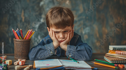 Sad tired schoolboy doing homework. Little child struggling with his assignment. Education, school, learning difficulties