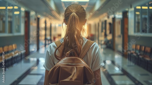 Schoolgirl carrying a backpack standing in a school hallway from behind, academic environment. Generative AI.