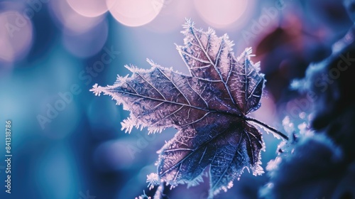 A frozen leaf with intricate frost patterns, perfect for winter or nature-themed designs