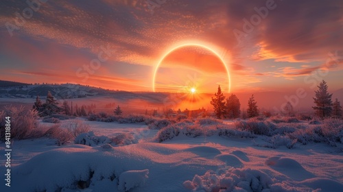 A brilliant ring of light encircling a fiery sunset against a backdrop of frosty landscape.
