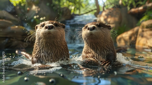 Render a whimsical scene of curious otters playing in a digital CG 3D format