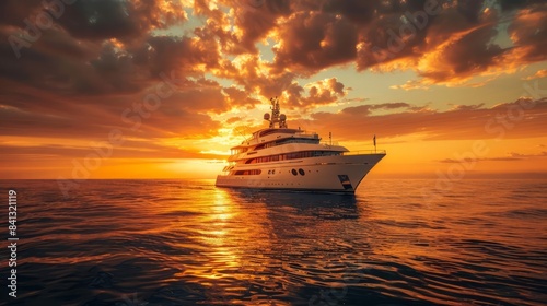 Majestic luxury cruise ship sailing in the ocean at sunset, with a stunning view of the golden horizon