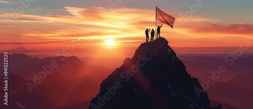 Silhouettes of climbers celebrating triumph as they raise a flag on a mountain peak during a beautiful sunset