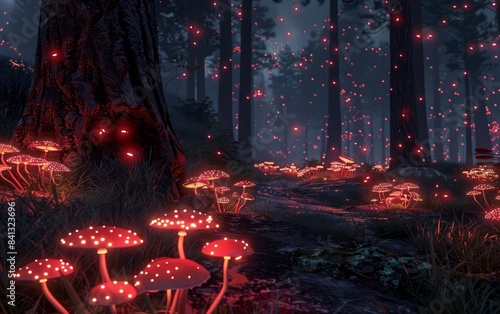Twinkling red light illuminating the dark forest floor, courtesy of luminous mushrooms