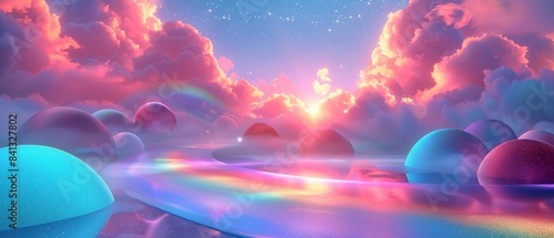 Round platform with soft rainbow, Psychedelic, Bright colors, Watercolor, Surreal lighting and dreamy feel 8K , high-resolution, ultra HD,up32K HD
