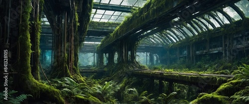 An abandoned glasshouse, overtaken by verdant growth, showcasing natures resilience in reclaiming forgotten spaces