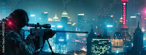 Thrill, city skyline, war conflict sniper shooter holding sniper or assault rifle with zoom telescope as special tactics force army roof cover at night as wide banner for video game, 4k hd wallpaper, 