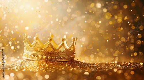 golden shiny crown on a golden confetti background