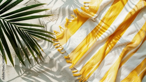 striped yellow beach towel on the tropical sandy beach with palm leaves