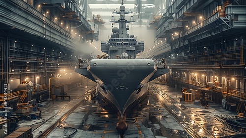 An aircraft carrier being constructed within a large workshop, various equipment. The ship is encompassed by a range of engineering vehicles, including robots operating cranes. Generative AI.