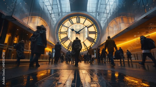 A large clock in a train station with people walking around