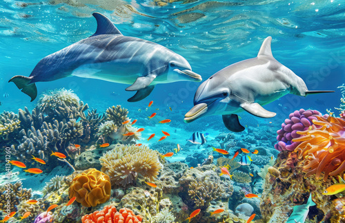 two dolphins swimming around the coral reef, with fish and sea plants in the background, showing an under water view