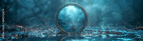 Gothic mirror inscribed with spectral scriptures, revealing a ghostly apparition, horror scene, intricate details, cold blue tones, unsettling vibe.