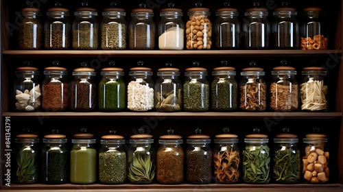 Design a wooden apothecary cabinet filled with labeled glass jars containing dried herbs, roots, and spices.