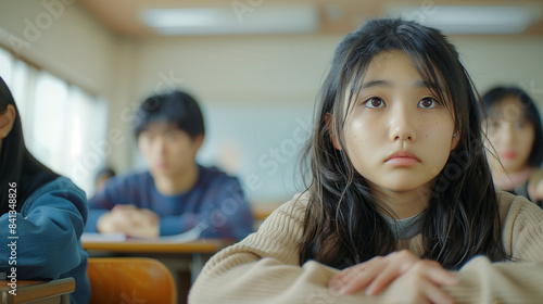 教室で頬杖をついて授業を聞いている日本の学生 高校生 大学生 女性