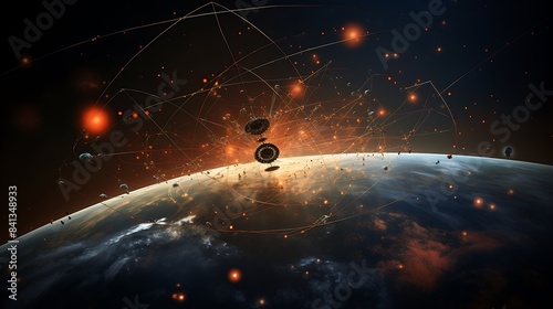 Illustrate a probe venturing beyond our solar system, with its antenna transmitting data back to Earth.