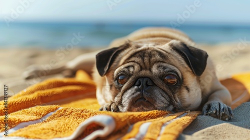 A pug lies on a yellow beach towel on the sand, with the ocean in the background.