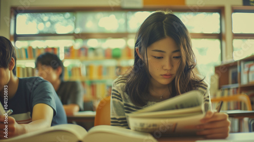 図書館で本を読んで勉強する日本の女性の学生 高校生 大学生