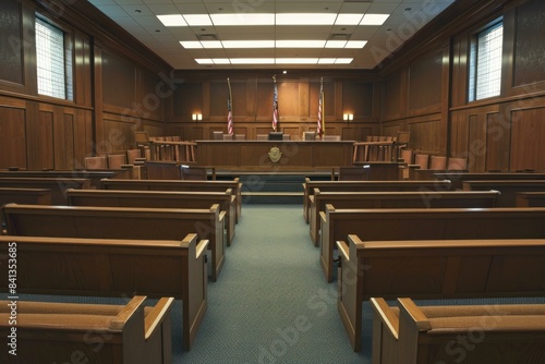 Spacious and solemn courtroom featuring seating, jury box, and judge's bench with flags